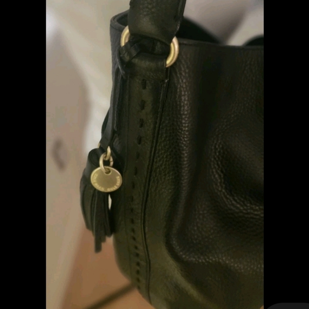 COLE HAAN Pebbled Black Leather Hobo Satchel Large Shoulder Bag Tassel & Brass - Picture 9 of 11